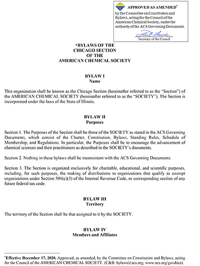 Thumbnail image of the 2020 Chicago ACS Bylaws document; this is intended to be illustrative, not legible