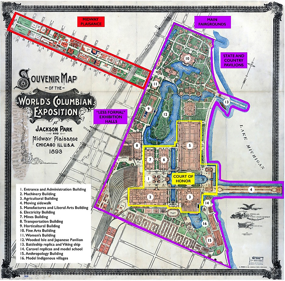Image of a souvenier map of the 1893 World's Columbian Exposition, with modern annotations pointing out locations of various areas, such as the Midway Plaisance, Main Fairgrounds, State and Country Pavilions, and