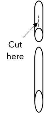 Diagram showing where to cut a straw lengthwise from one end so it can fit around another straw, lengthening the siphon