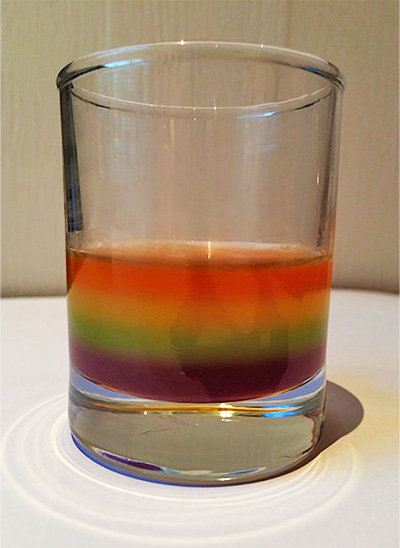 Photo of a glass containing solutions in which the contents of different colors are separated vertically
