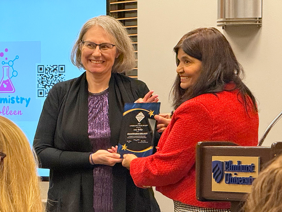 photo of incoming 2026 Chair Amy Balija receiving the 2025 Emerging Star Award from 2025 Chair Anita Mehta