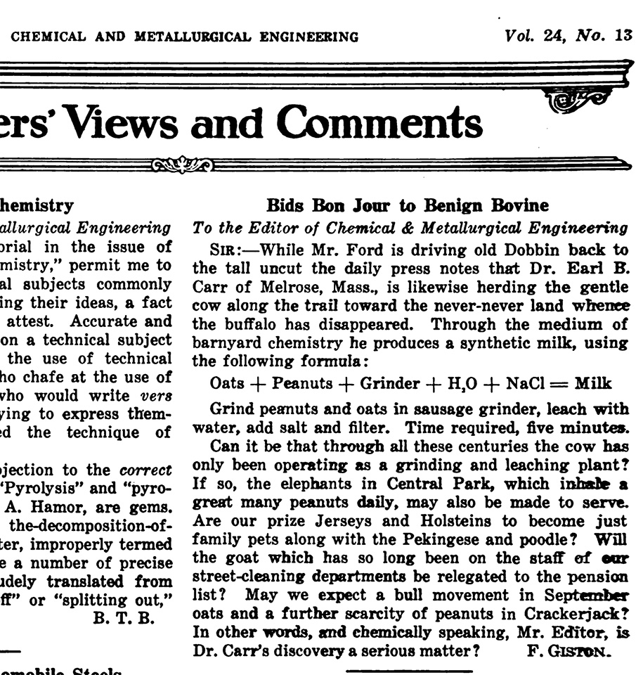 Screenshot of funny archival article - a letter to the editor of 'Chemical and Metallurgical Engineering' about