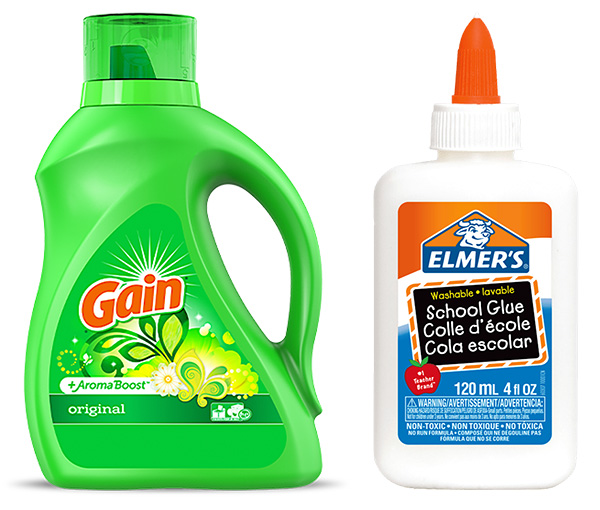 Photos of a jug of Gain laundry detergents and a squeeze bottle of Elmer's white glue