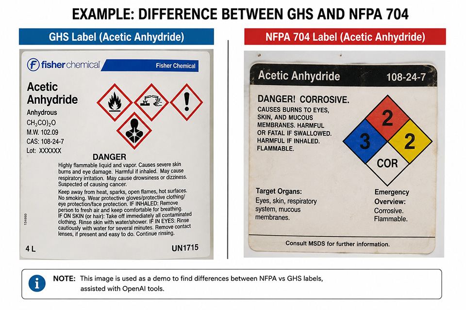 Two images juxtaposed to demonstrate differences between the GHS and MFPA labeling systems. Both labels refer to Acetic Anhydridide.