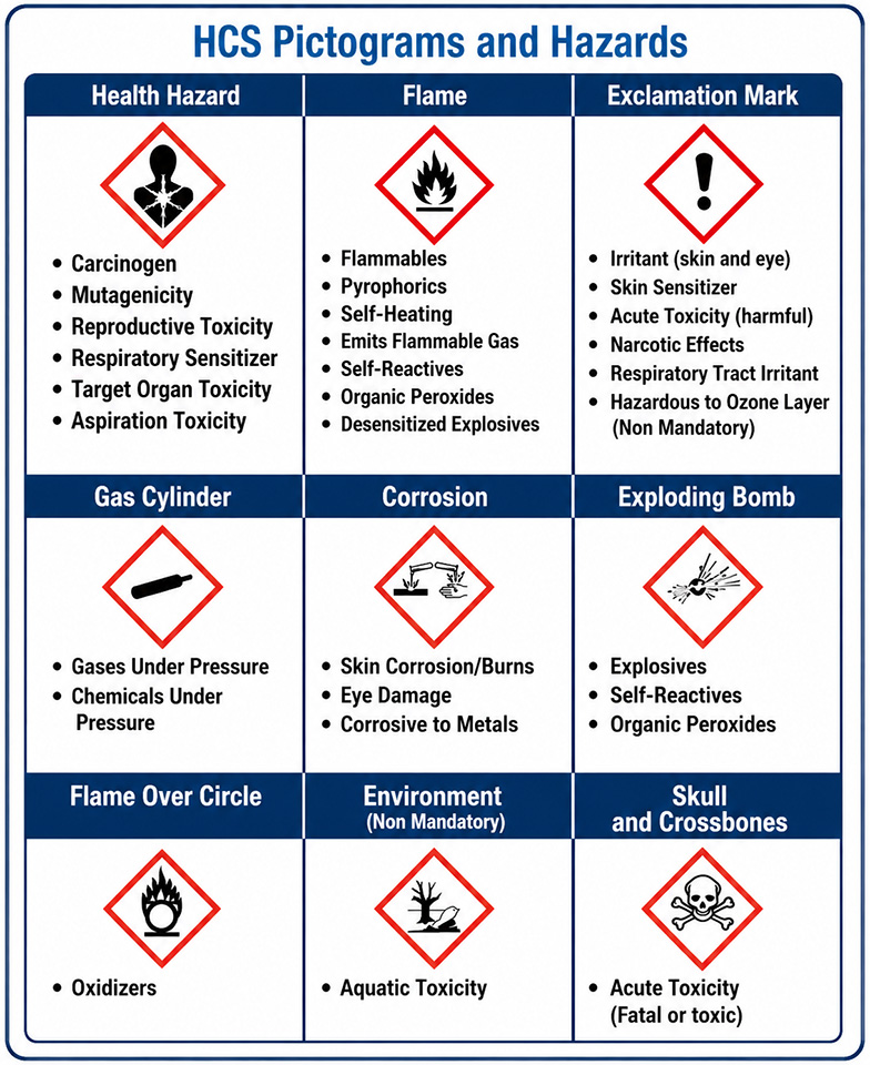 Hazard Communication Standard (HCS) pictograms and associated hazard classes.