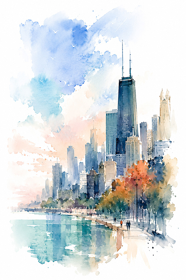 Watercolor painting of a portion of the Chicago skyline featuring the distinctive Hancock tower