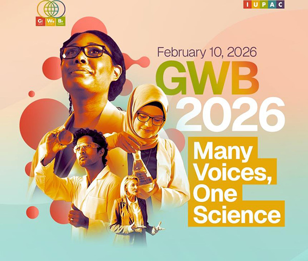 Flyer for the 2026 IUPAC Global Women’s Breakfast on Feb 10. Graphics show four chemists, three women, of different apparent cultures. The theme for the year is shown as Many Voices, Once Science. No specific location or event information is on the image