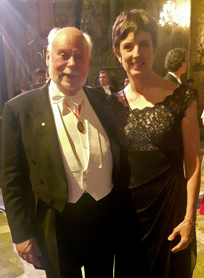 Photo of Sir Fraser Stoddart with Margaret Schott in formal attire at Prof. Stoddart’s 2016 Nobel Prize reception in Stockholm, Sweden