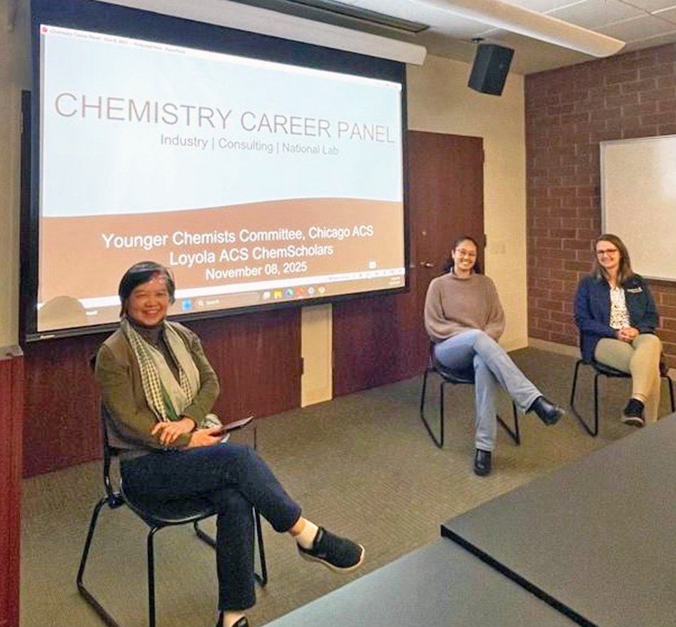 Photo of the YCC Career Event (Nov 8, 2025) panelists Lily D’Angelo, Nadjali Chung, and Julia Neuman in front of a projector screen showing the words “Chemistry Career Panel