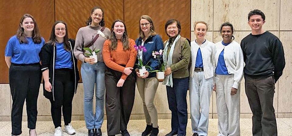 Photo of the organizers and speakers for the YCC Career event Nov 8, 2025. From left to right, the individuals are Anne Aevitt (YCC), Ana Leal (YCC), Nadjali Chung (Panelist), Claire Kennedy (Loyola ChemScholars), Julia Neuman (Panelist), Lily D’Angelo (Panelist), Liliia Shanina (YCC), Gowri Kuda-Singappulige (YCC), and Christian Quinto (Loyola ChemScholars)