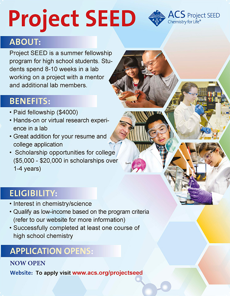flyer for Project SEED encouraging people to apply for Summer 2026 positions. Navigate to www.acs.org/projectseed for details