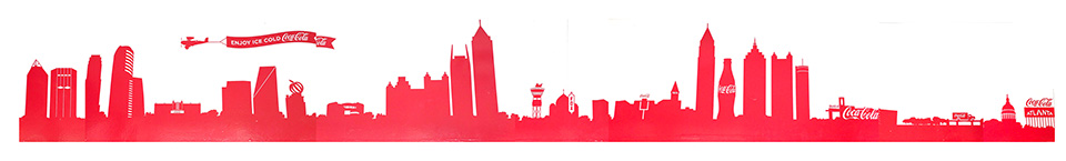 Silhouette of the Atlanta skyline, featuring logos and other references to Coca Cola.