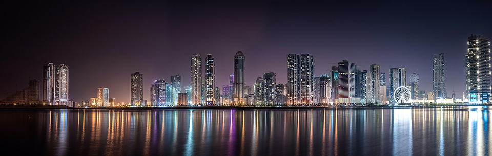 Photo of the Chicago skyline at night, view from the lake